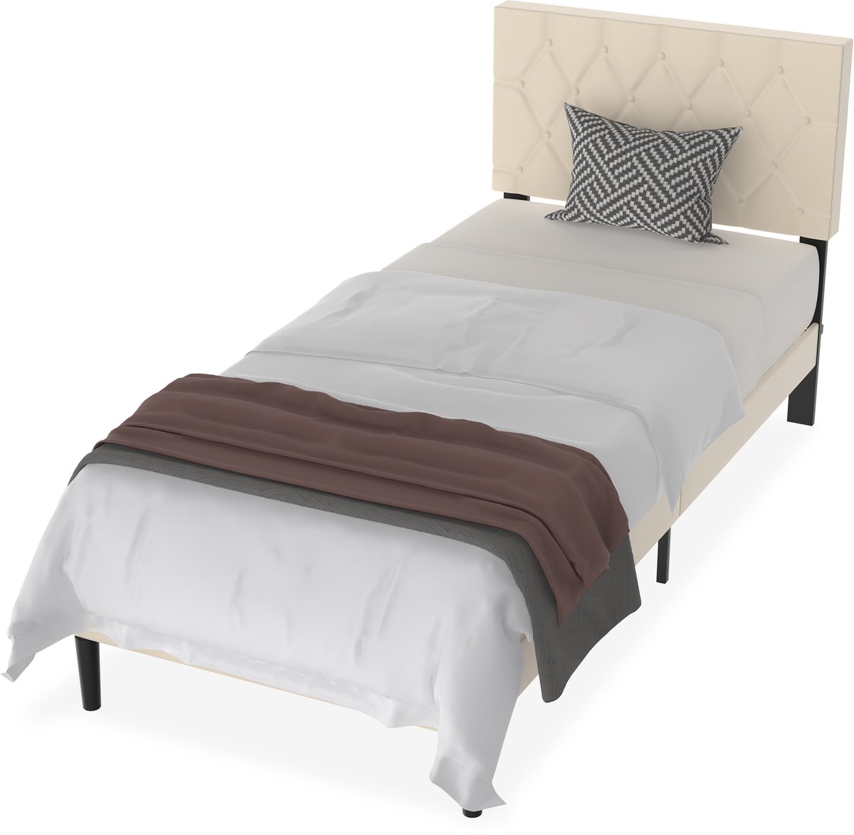 Aufun Modern Bedframe met Lederen Hoofdeinde – 90x200cm (Leder Beige) – Houten Lattenbodem | 300kg Max Draagvermogen – Voor Slaapkamer/Gastenkamer