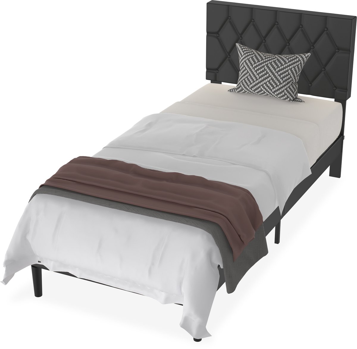 Aufun modern bedframe met lederen hoofdeinde – 90x200 cm – leder zwart – houten lattenbodem – 300 kg – voor slaapkamer of gastenkamer