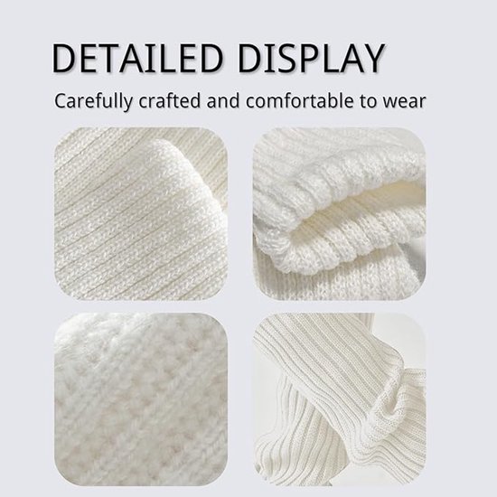 Gedetailleerde weergave van gebreide stof in beige, met close-ups van de textuur.