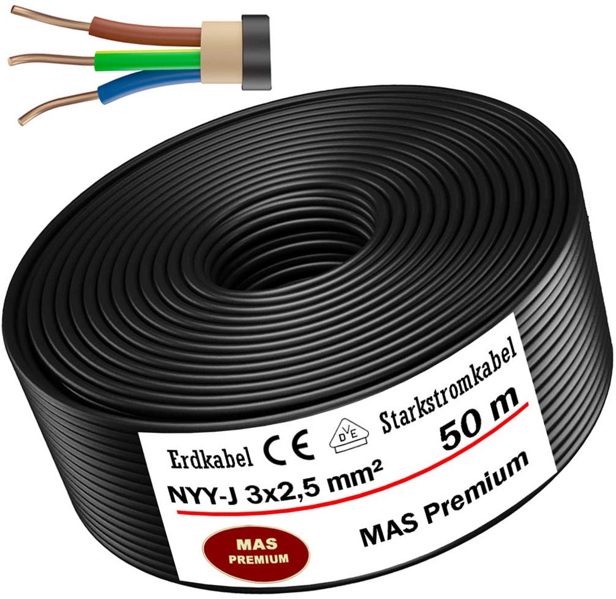 Aardkabel elektrische stroomkabel NYY-J 3 x 2,5 mm² 25 of 50 m PVC mantel zwart
