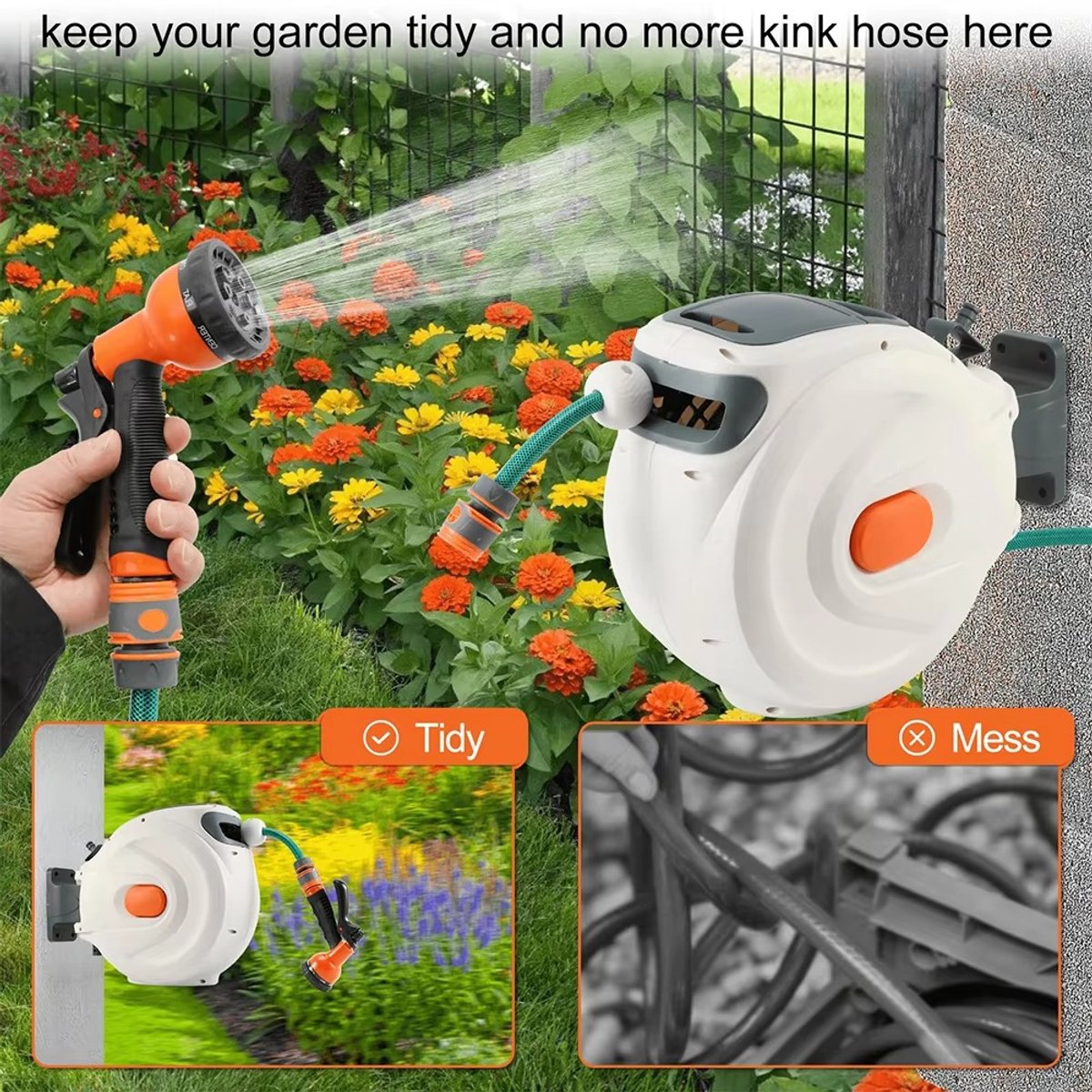 Aafinity Automatische Tuinslanghaspel – Oprolbare Tuinslang met Vergrendeling – Wandgemonteerde Tuinslang Haspel met 8 Sproeistanden – Gardena-Compatibel – foto 5