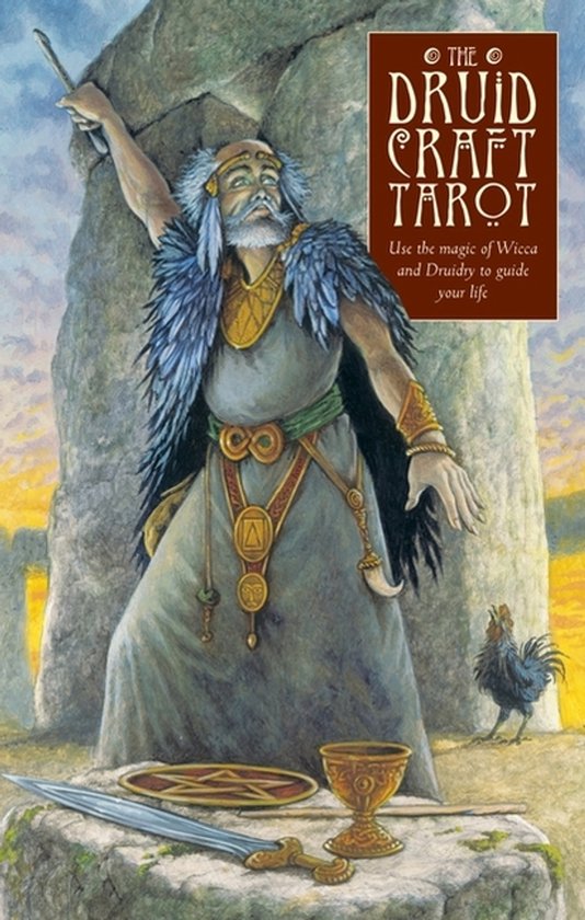 De Druid Craft Tarot kaarten met een oude man, staf, kelk, zwaard en haan.