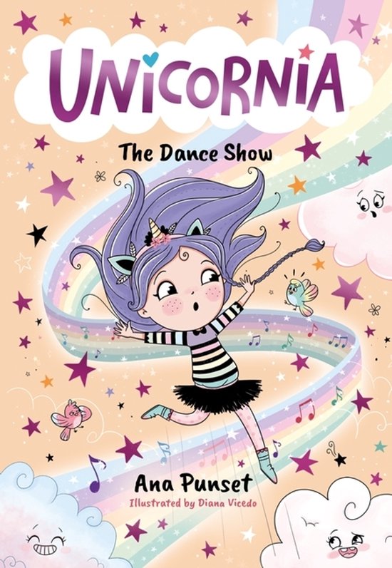 Cover van Unicornia: The Dance Show met een meisje met paars haar en een eenhoornhoofdband tegen een regenboogachtergrond.