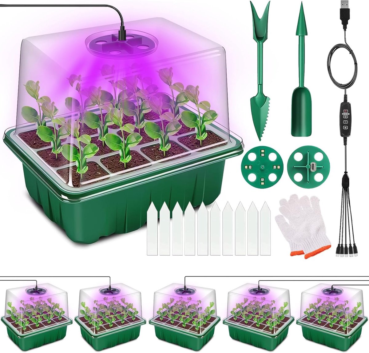 Famanu – Kweekkas - 5 stuks mini broeikas - kweekset - Binnenkas - timer en instelbare helderheid Volledig spectrum zonlicht - kweekschalen met deksel en ventilatie - ideaal voor plantengroei en kieming van zaden