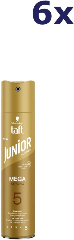 Gouden bus Taft Junior haarlak "Mega Strong" met "UP TO 48H HOLD & CARE FORMULA" en "6x".