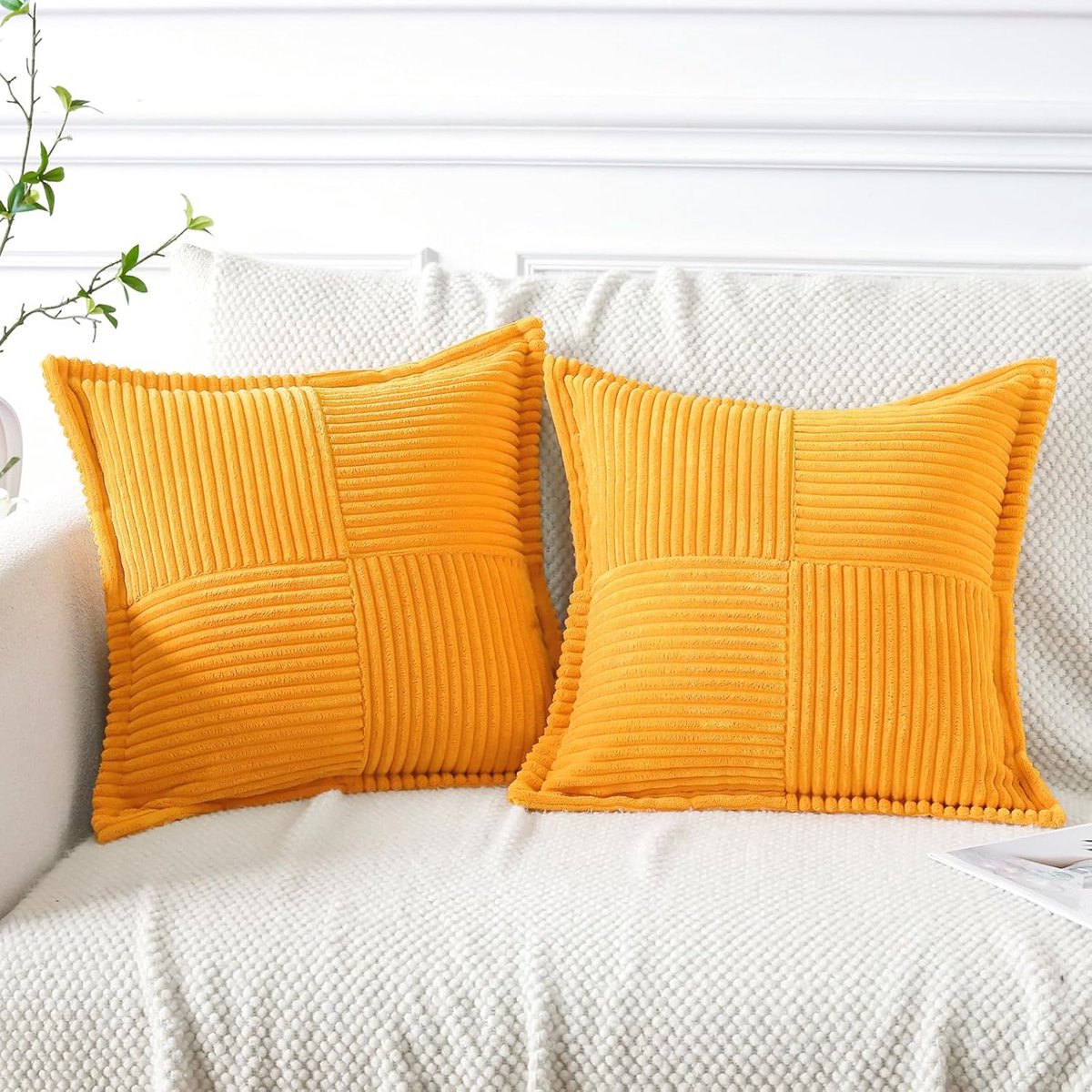 Famanu Corduroy patchwork kussenhoezen 40x40 cm geel set 2, moderne getextureerde sierkussens, zacht voor bank slaapkamer