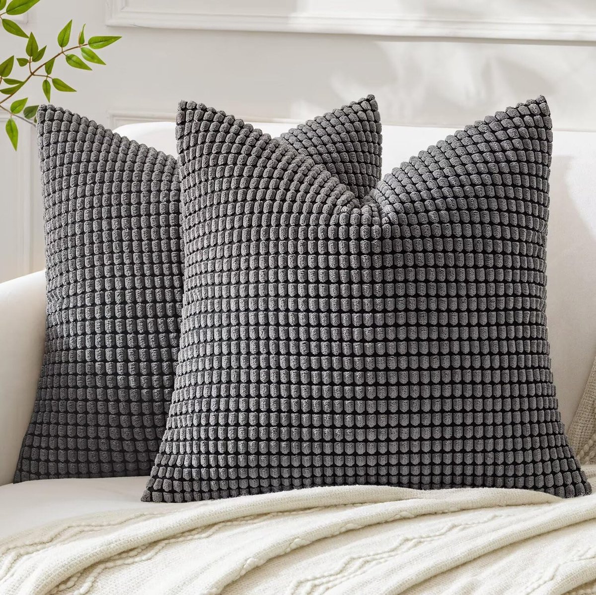 Famanu - Corduroy kussenhoezen 50x50 cm grijs set 2, maïskorrel textuur, zachte sierkussenhoezen voor sofa slaapkamer