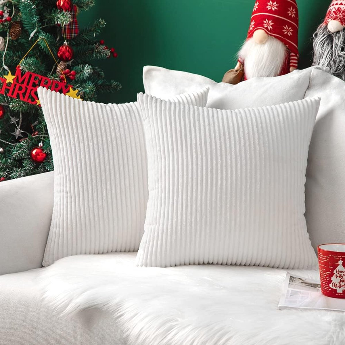 Famanu - Gestreepte corduroy kerst kussenhoezen 40x40 cm wit set 2, pluizig zacht met onzichtbare rits, bankdecoratie