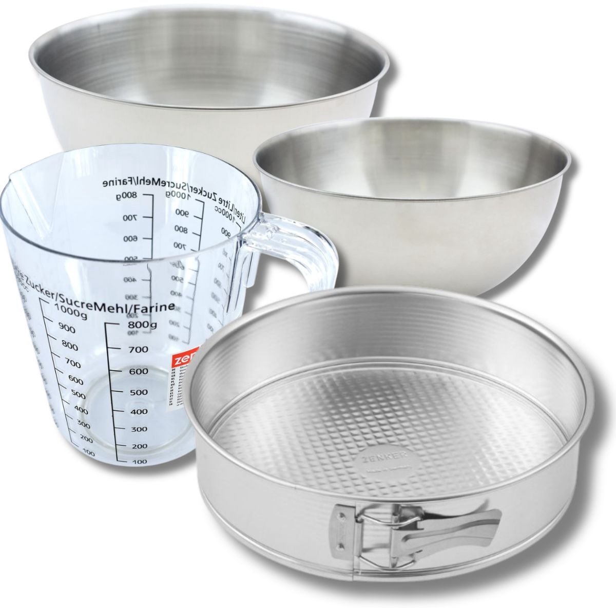 Bakkersset met 28 cm springvorm, 2 mengkommen, maatbeker en spatel Zenker