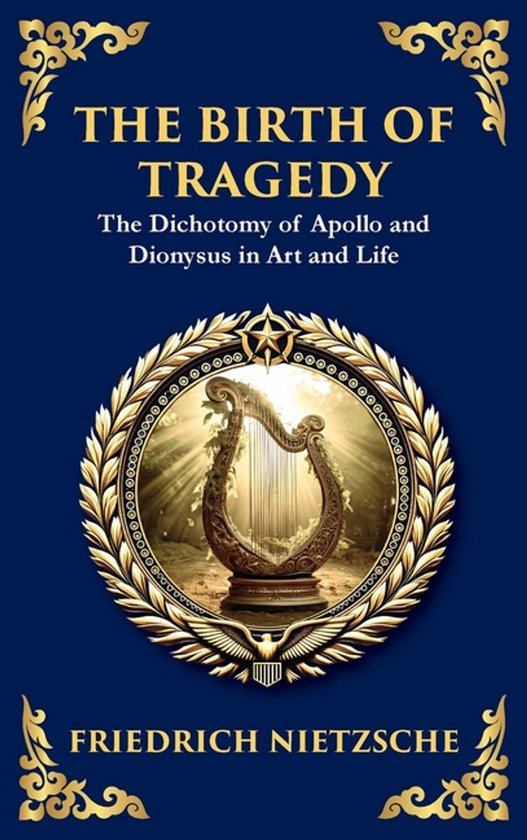 Boek 'The Birth of Tragedy' door Friedrich Nietzsche, met een gouden harp binnen een krans.