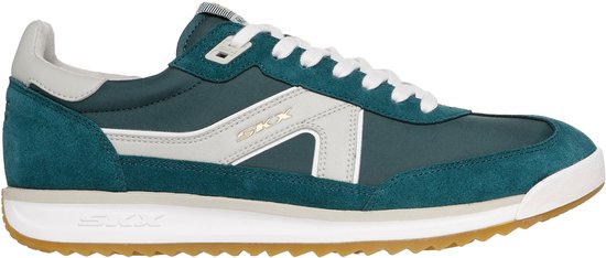Vue latérale d'une basket Skechers verte avec lacets blancs et accents gris. "SKX" sur la semelle.