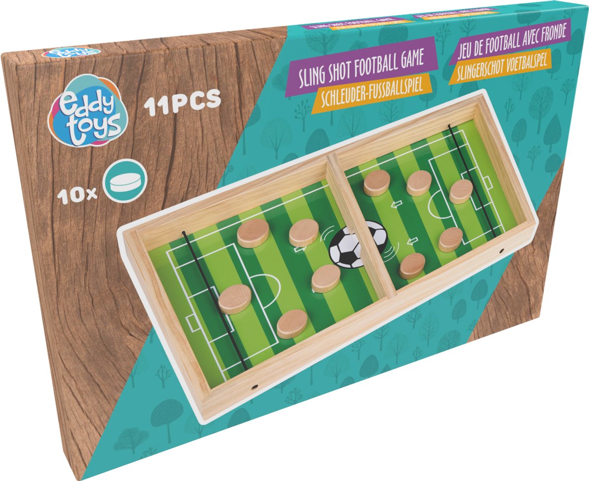 Eddy Toys Slingerschot Voetbalspel 11 Stuks - Tafelspel voor 2 Spelers - Houten Speelbord met 10 Schijfjes - Snel Actiespel voor Kinderen en Volwassenen - Fling Shot Voetbalspel - 34x12x2cm