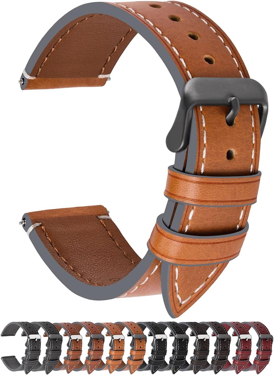 4 Colors Wax Leather Strap - Compatibel met Smartwatch 18mm 20mm 22mm 24mm - Donkerbruin + Rookgrijze Gesp - Strepen