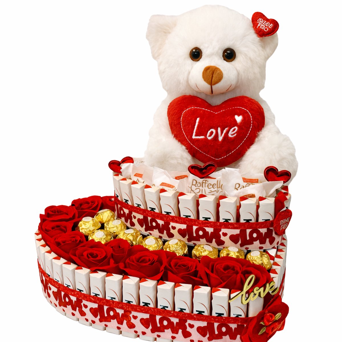 Luxe Snoeptaart met Witte Teddybeer, Raffaello & Ferrero Rocher – Luxecadeaumanden