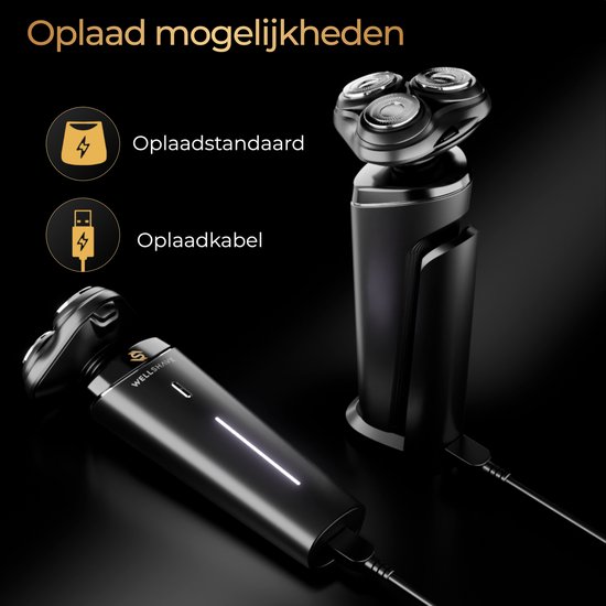 Oplaadmogelijkheden Wellshave scheerapparaat: opladen via standaard of kabel.