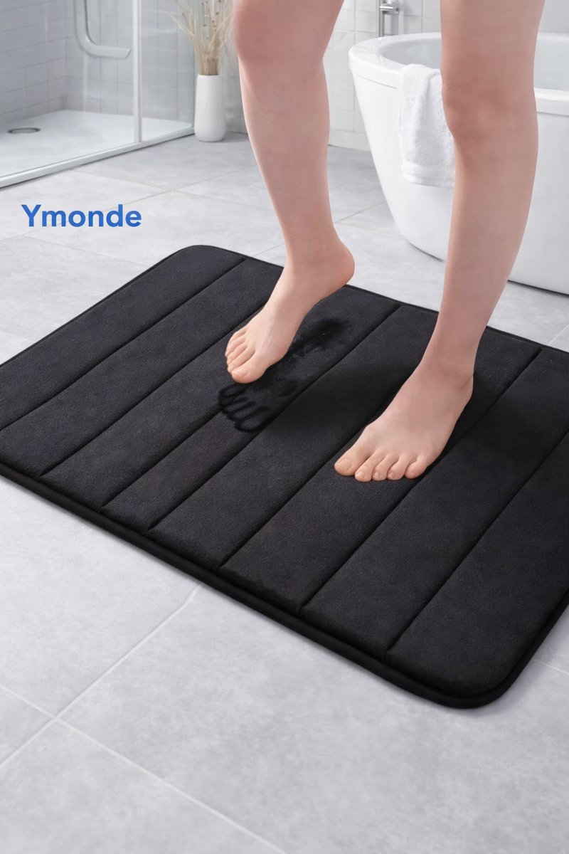 Ymonde Zwarte Anti-Slip Badmat – 50×80 cm – Verticaal Strepenpatroon – Badkamer Mat – Luxe & Veilig