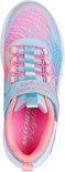 Bovenaanzicht van een blauw-roze sneaker met glitter, veters, klittenband en 'Skechers S-Lights' op de tong.