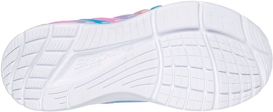 Witte zool van een roze en blauwe sneaker met gekleurd loopvlak en Skechers-logo.
