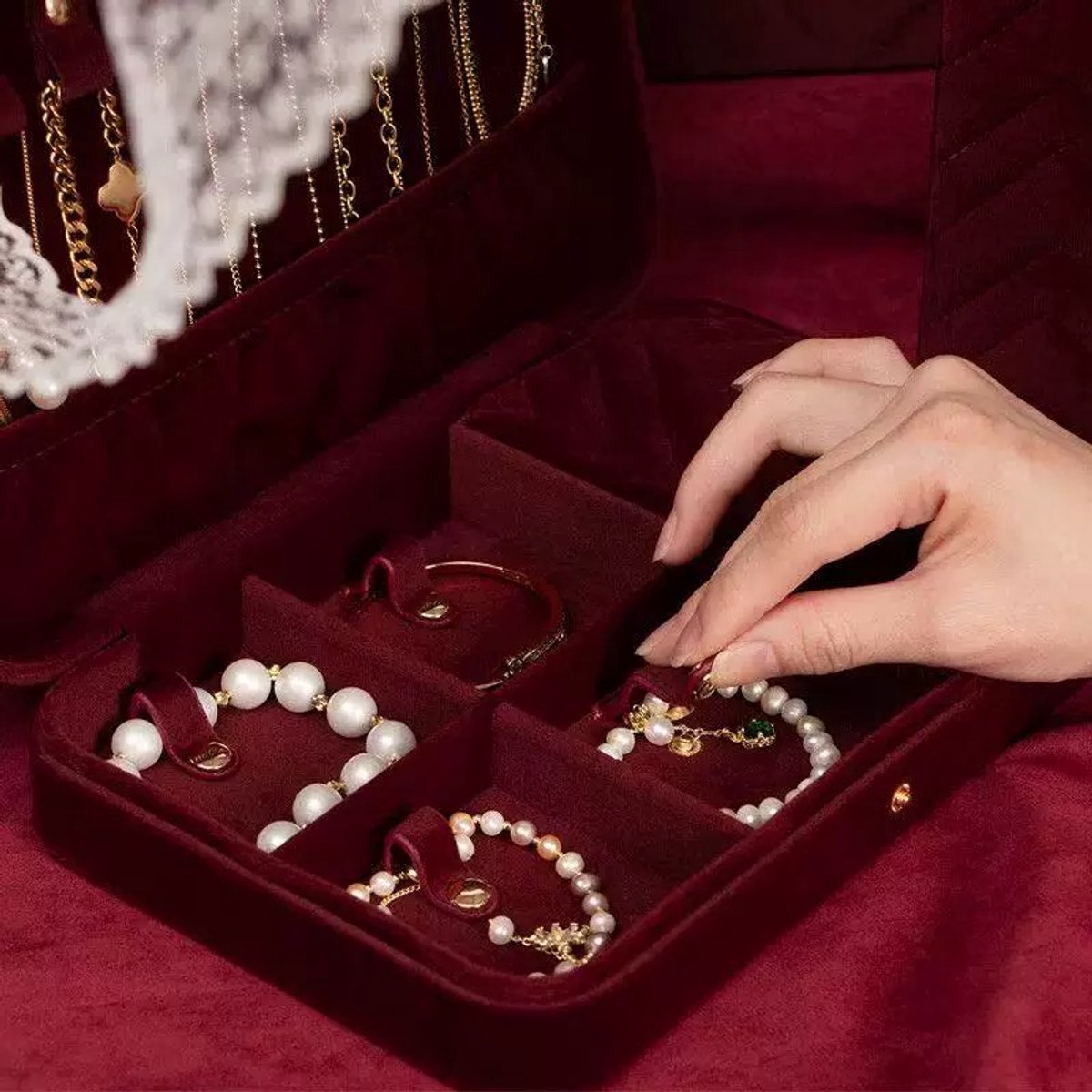 Grote Fluwelen Sieradendoos – Luxe Vintage Sieraden Organizer voor Reizen - Burgundy