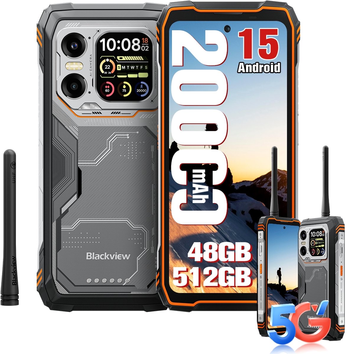 Blackview XPLORE 1 Walkie Talkie - Robuuste Smartphone - 5G - 48GB RAM - 512GB ROM - 108MP Camera - 6.78 inch - Robuuste Telefoon - Android 15 - NFC - GPS - Oranje