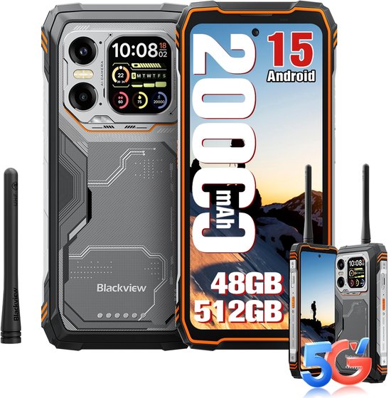 Blackview XPLORE 1 Walkie Talkie met accessoires, waaronder een stylus en een kleinere versie van de telefoon. Het display toont "20000mAh", "48GB 512GB" en "Android 15".