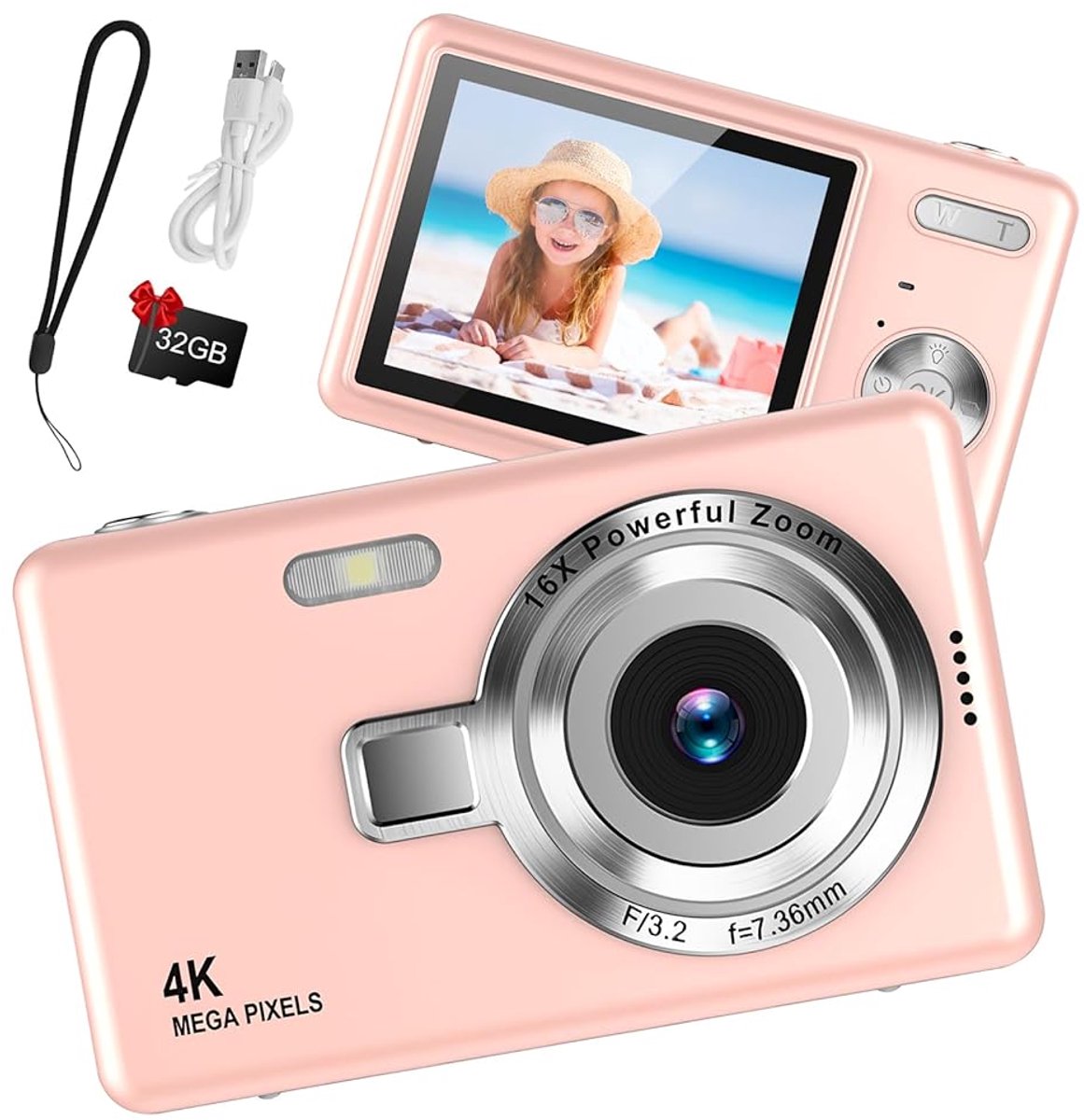Digitale Camera 44MP - 1080P FHD Video - 2.4 Inch LCD Scherm - 16X Digitale Zoom - Compacte en Draagbare Vlogcamera - Anti Shake Functie - Inclusief 32GB SD Kaart - Roze