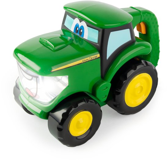 Groene John Deere speelgoedtrekker met gele velgen en tekst "JOHN DEERE".