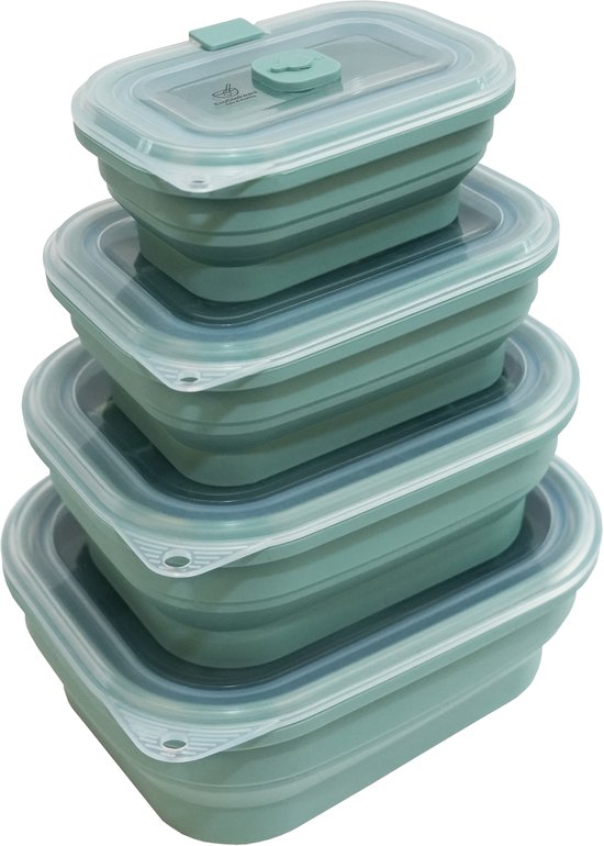 Siliconen vershoudbakjes - diepvriesbakjes - meal prep bakjes - opvouwbaar - set van 4 - met vacuümventiel - BPA- en PFAS-vrij - lunchbox - bewaarbakjes