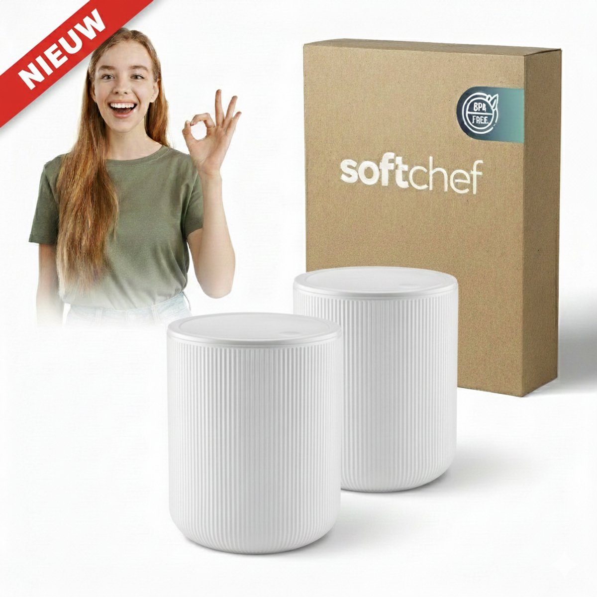 Soft Chef Elegant Prullenbak Wit – 2-delige set (2 stuks dezelfde maat) – 6 liter – Compact & Modern Design – BPA-vrij – Eigen productie