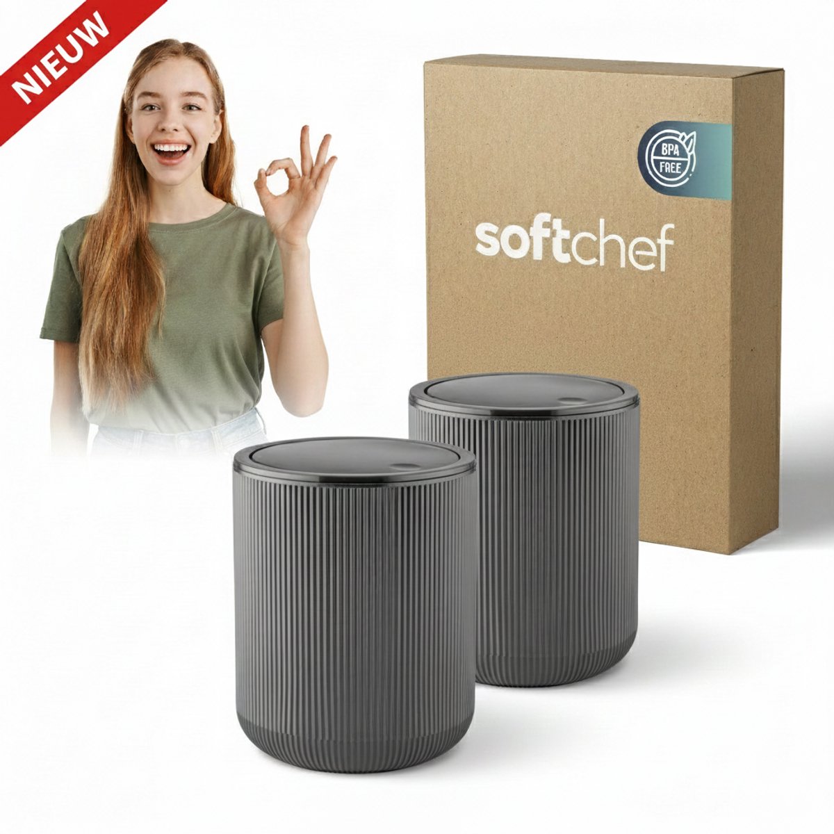 Soft Chef Elegant Prullenbak Antraciet – 2-delige set (2 stuks dezelfde maat) – 6 liter – Compact & Modern Design – BPA-vrij – Eigen productie