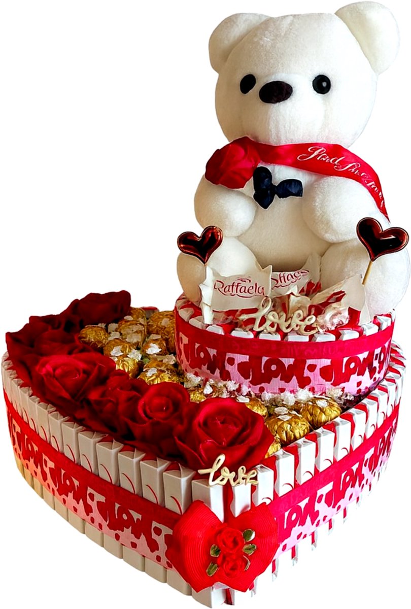 Hartvormige Luxe Snoeptaart met Witte Teddybeer, Rozen, Ferrero & Raffaello