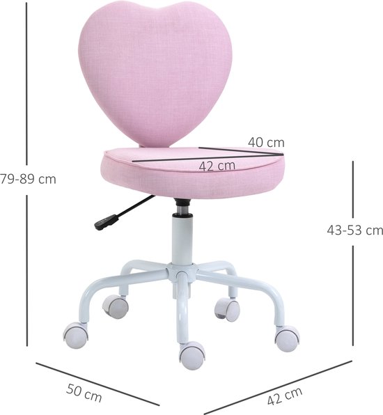 Roze hartvormige bureaustoel, afmetingen 40x42 cm zitting, hoogte 43-53 cm, breedte 50 cm.