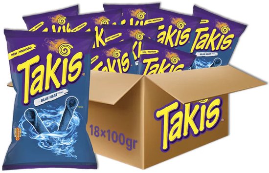 Kartonnen doos met 18 zakjes Takis Blue Heat.