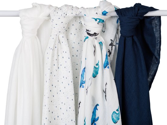 Lulujo - hydrofiele doeken - swaddle - bamboo - 120x120 cm - 4-pack - Whales & Stars van Merkloos — afbeelding 3