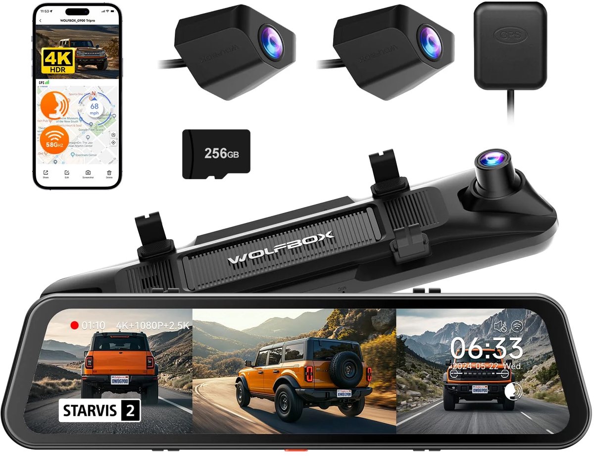 Wolfbox G900 Tripro bumper 3CH 4K Wifi GPS 256gb Mirror dashcam