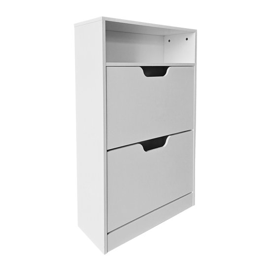 Witte schoenenkast met twee deuren en een open vak boven.