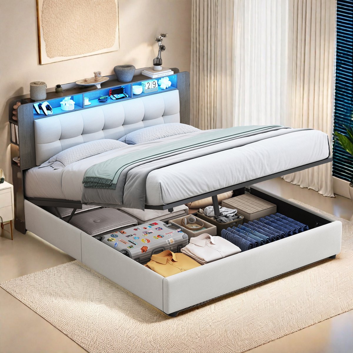Opbergbed 140x200 cm – Beige fluwelen tweepersoonsbed – Gaslift opslag, hoofdbord-opbergruimte, LED-sfeerverlichting & draadloos opladen