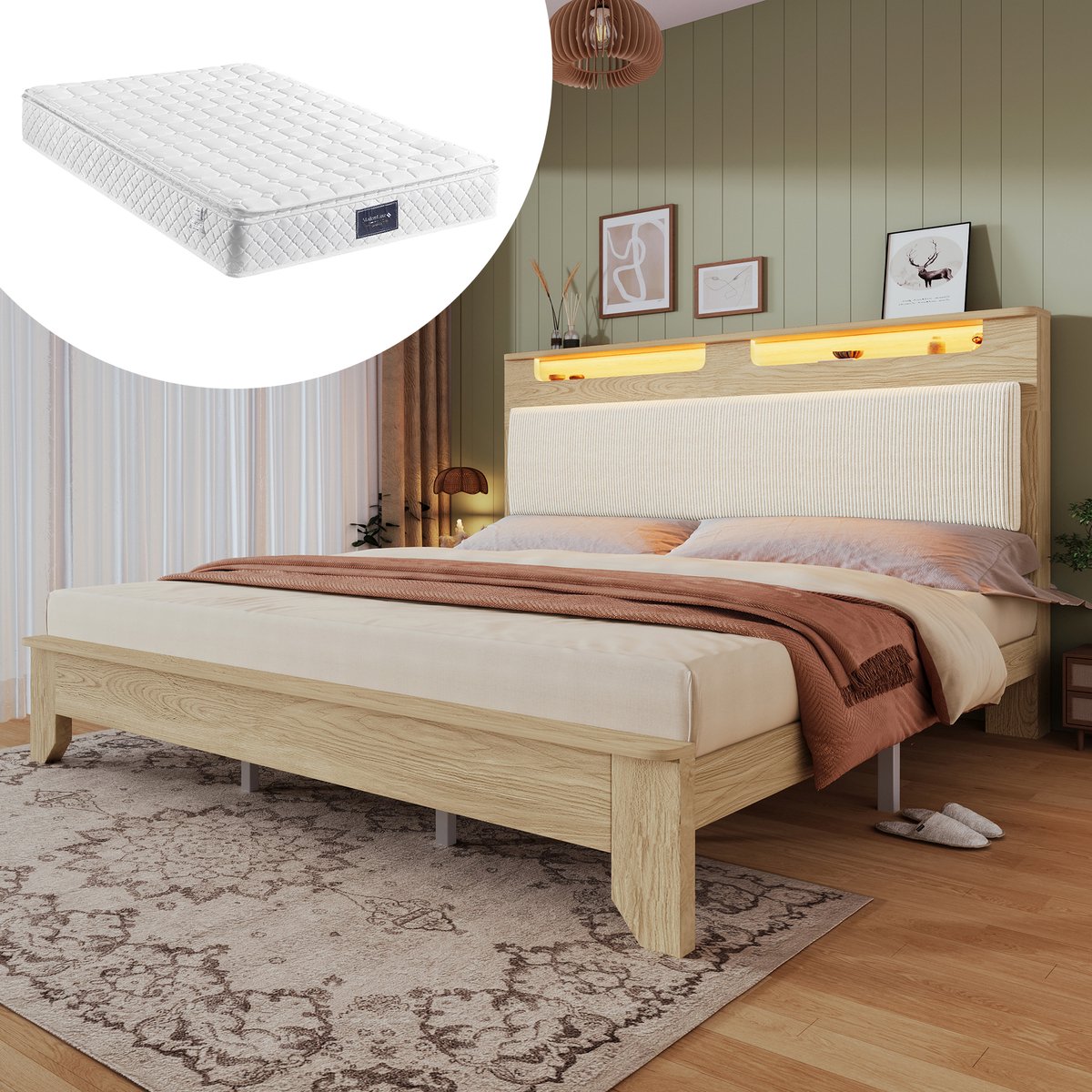 STILVORA Gestoffeerd bed 160x200 cm – Tweepersoonsbed met Hoofdeinde-opbergniche & LED – Onderbedopslag – Hout; Cordstof – Beige – met matras