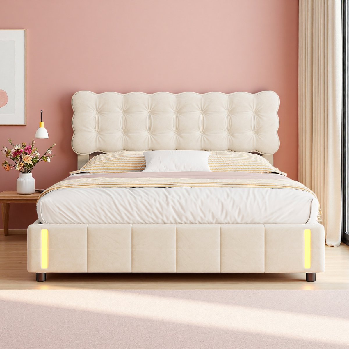 SHOPENTRA Opbergbed 160x200 cm Beige Fluwelen met LED - afbeelding 3