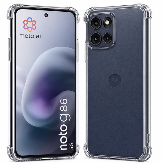 Coque de téléphone transparente avec bords surélevés, avec "moto g86 5G" sur le téléphone et un dos bleu foncé.