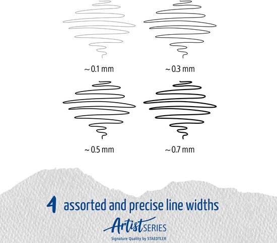 Illustration de quatre largeurs de trait de stylos Staedtler pigment liner : 0.1 mm, 0.3 mm, 0.5 mm, 0.7 mm.