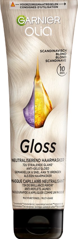Garnier Olia Gloss haarmasker in Scandi Blond, 150ml, met een druppel glans serum.
