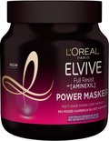 Pot met L'Oréal Elvive Power Masker in de kleur paars en zwart. Tekst: "Nieuw", "96% minder haarbreuk".
