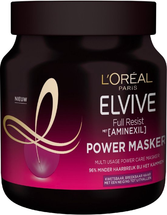 Pot met L'Oréal Elvive Power Masker in de kleur paars en zwart. Tekst: "Nieuw", "96% minder haarbreuk".