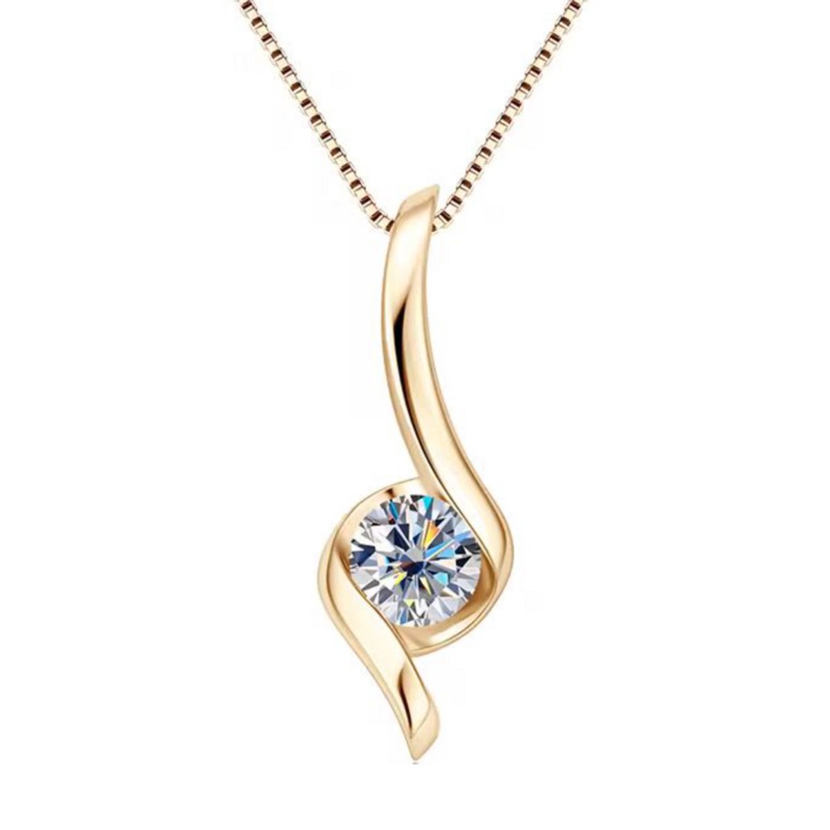 Selevie Ketting Goud Twist Design - 1ct VVS1 Moissanite rond - luxe & chique design - Ronde Moissanite in klassieke hanger