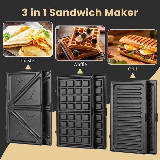 Aigostar Contactgrill - Tosti Apparaat - Wafelijzer - Tosti ijzer - 3 in 1 - 750W - Zwart van Aigostar — afbeelding 2