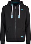 Zwarte hoodie met capuchon, rits, witte trekkoorden en lichtblauwe riverso logo's.