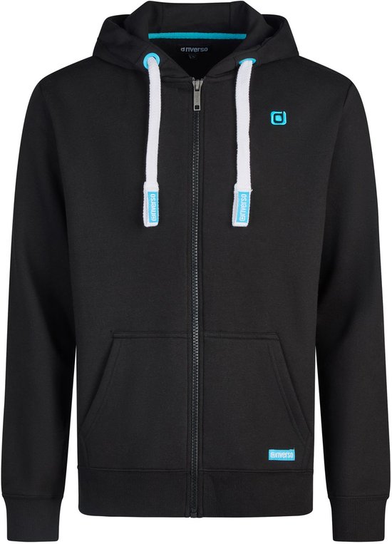 Zwarte hoodie met capuchon, rits, witte trekkoorden en lichtblauwe riverso logo's.
