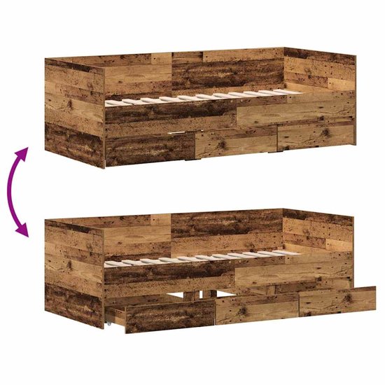 Tweeledige weergave van een bedbank in verweerd hout; boven gesloten, onder met open lades.