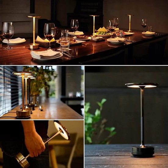 Oplaadbare LED Tafellamp, USB-C, 1800 mAh Dimbare Waterproof Draadloze Sfeerlamp met Touch Bediening, oplaadbare ronde metalen lamp met aanraakbediening, Woonkamer, Restaurant en Bar, goud van Merkloos — afbeelding 3